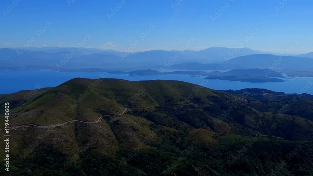 Mountain peak hills nature HD video travel background. Corfu Greece fog strait, gulf, river, sea Mountain peak hills nature HD video travel background. Corfu Greece fog strait, gulf, river, sea
