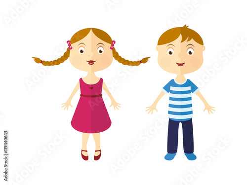 Cartoon girl and boy. Vector illustration of children. Girl with braids vector. Boy in striped shirt. Cute kids