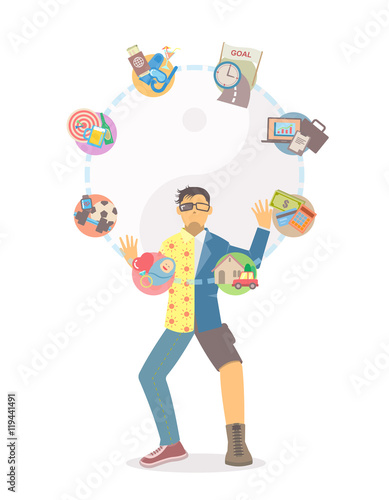 Life balance juggling on white background