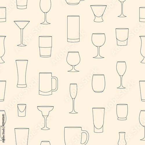 Seamless pattern made of linear drinkware on beige background
