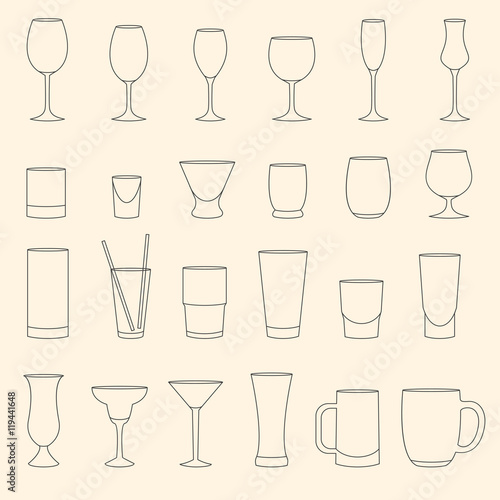 Set of linear drinkware on beige background