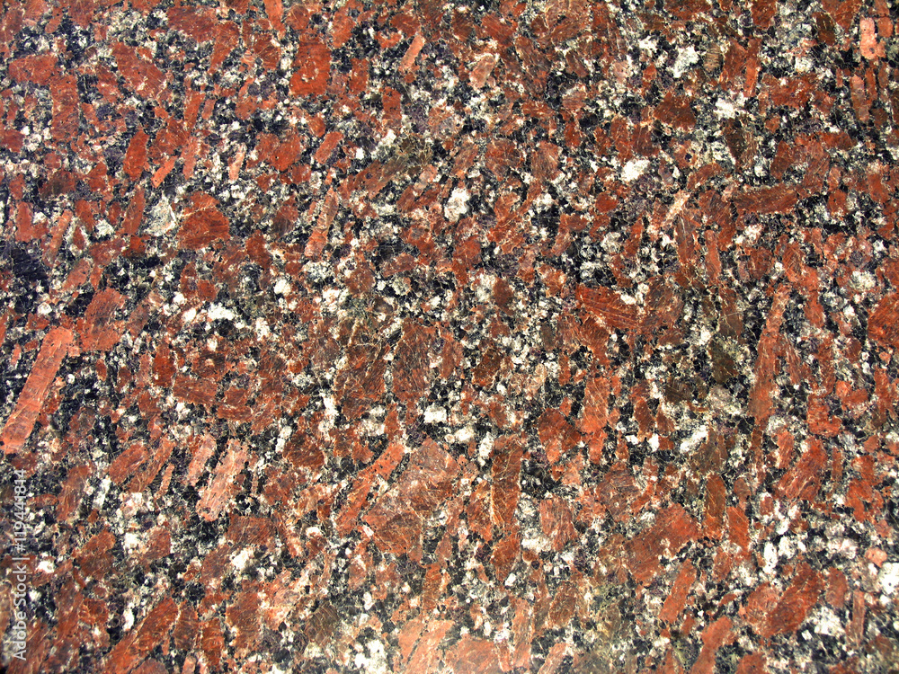 Classic texture of granite. Mineral composition of rock are quartz, plagioclase, potassium feldspar and biotite mica