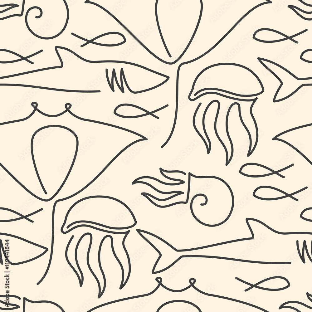 Obraz premium Seamless pattern made of sea fauna drawn with one line