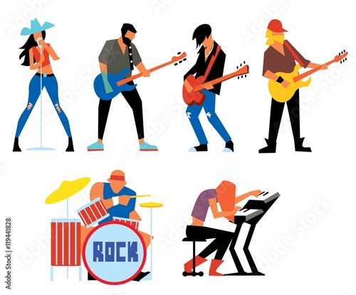 Musicians rock group isolated on white background. Singer, guitarist, drummer, solo guitarist, bassist, keyboardist. Rock band. Vecor illustration.