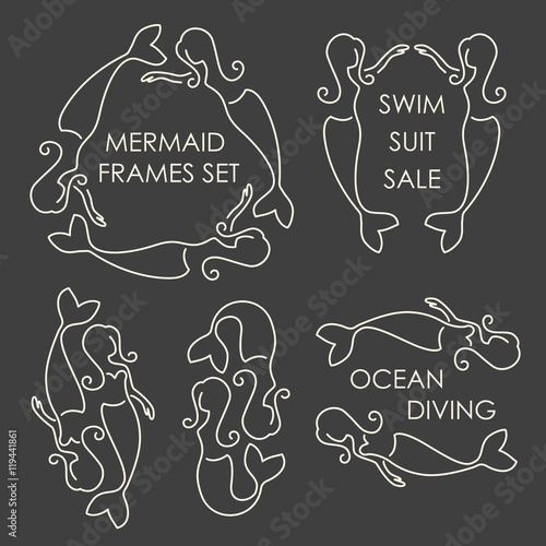 Line art mermaids logo set on grey background