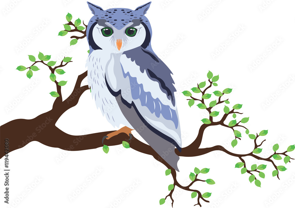 Fototapeta premium Owl standing on a tree branch Vector illustration