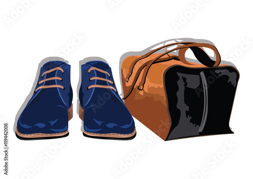 Male shoes and bag. Set of trendy mens shoes and accessories. Mens wardrobe. Vector illustration