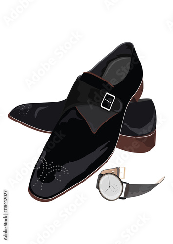 Black classic male shoes and watch. Black elegant shoes and vintage clock Vector