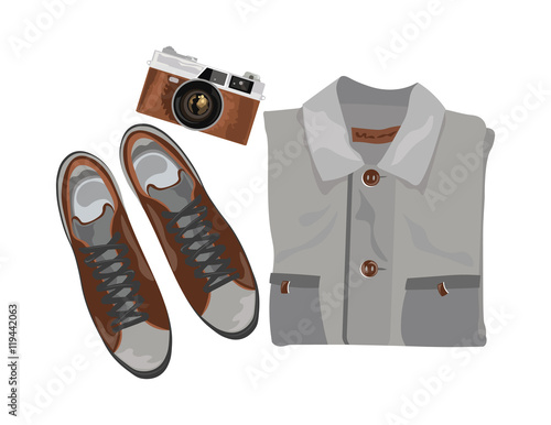 Vector Shirt and shoes and vintage camera. Set of trendy mens shoes and accessories. Male wardrobe. Vector illustration