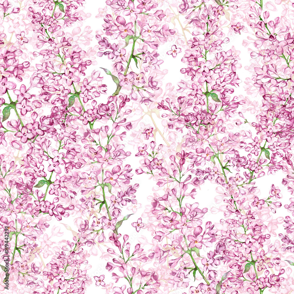 Hand drawn watercolor seamless pattern with violet lilac blossom