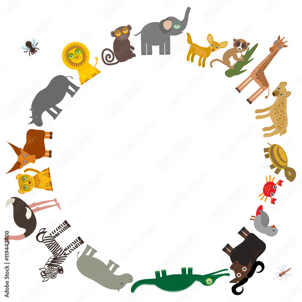 Fototapeta premium Round frame for text Animal Africa: Hyena Rhinoceros Zebra Hippopotamus Crocodile Turtle Elephant snake camel mosquito tsetse ostrich lemur Monkey Fennec fox Leo Leopard Giraffe buffalo. Vector