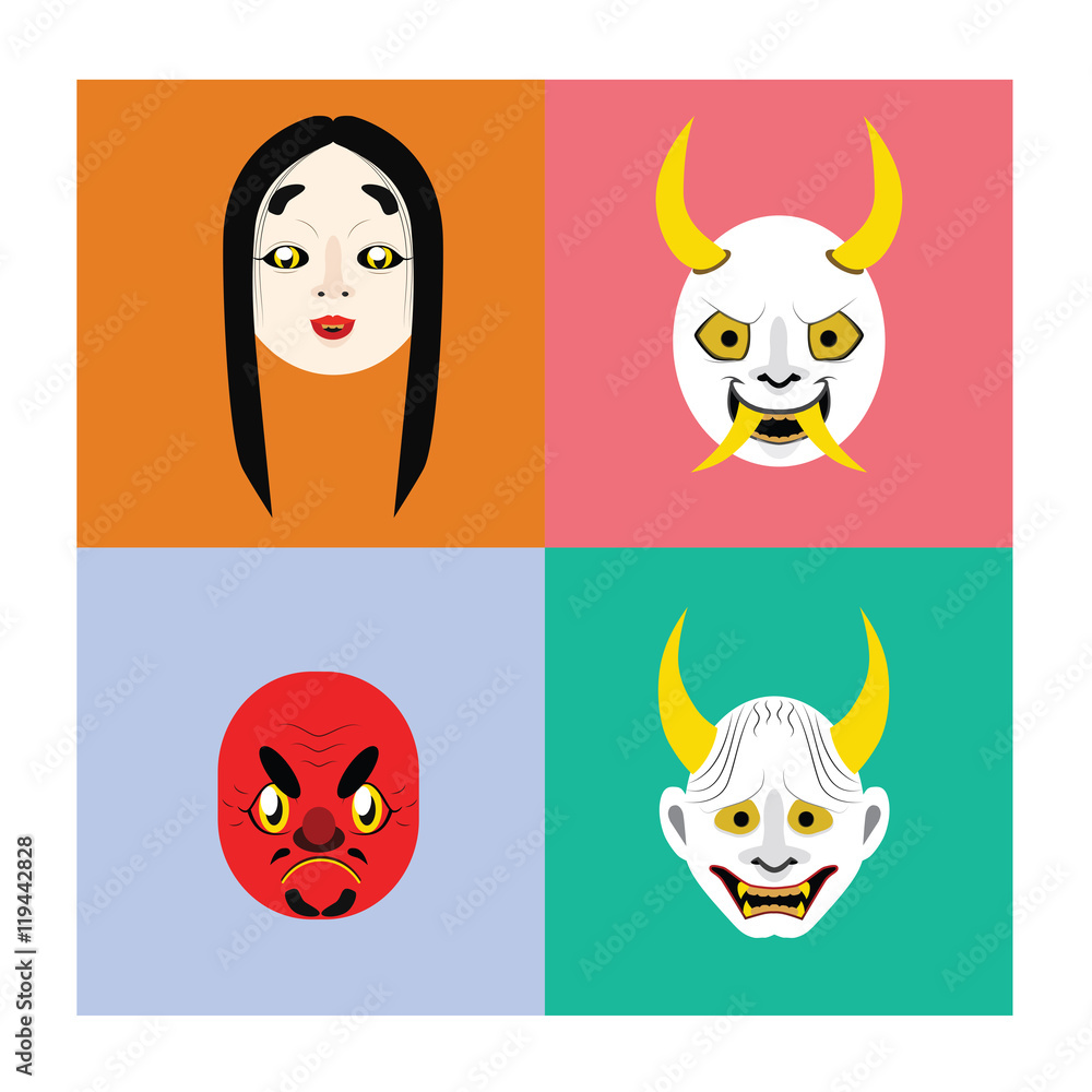Illustration of Japanese demon masks in flat coloring