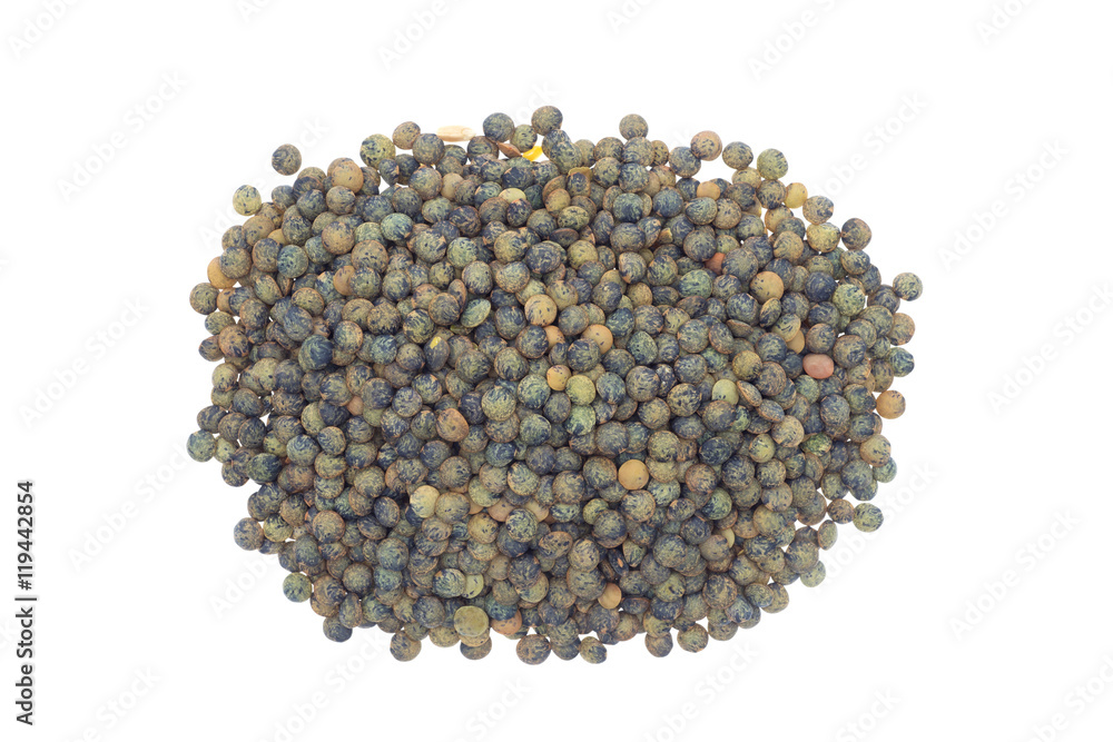 Green lentils portion on a white background Green lentils portion on a white background