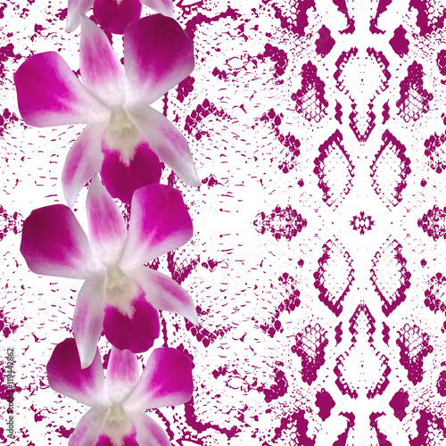 Snake skin texture pink flowers, orchid. Seamless pattern on white background. Vector