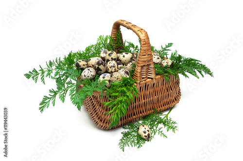quail eggs in a wicker basket on a white background close-up