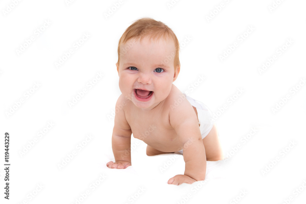 Cute little laughing crawling baby isolated on white
Cute little laughing crawling baby isolated on white