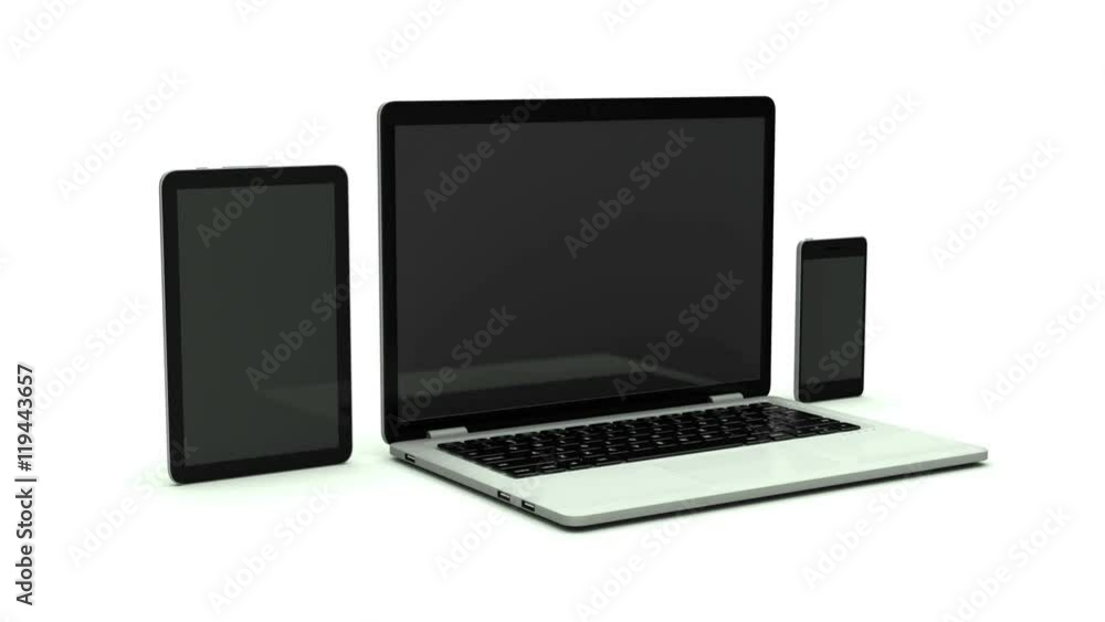 Modern laptop, tablet and smartphone with green screen. Animation on white background. chroma key and alpha channel. Modern laptop, tablet and smartphone with green screen. Animation on white background. chroma key and alpha channel.