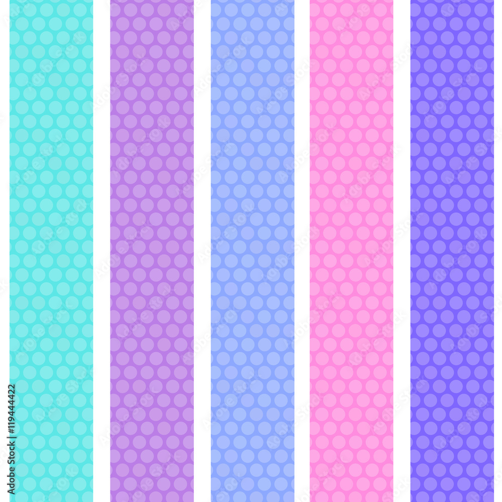 Polka dot background seamless pattern with pink lilac blue stripes. Vector
