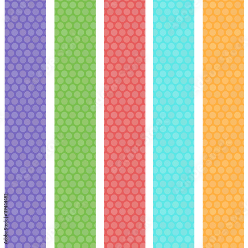 Polka dot background seamless pattern with green orange pink lilac blue stripes. Vector