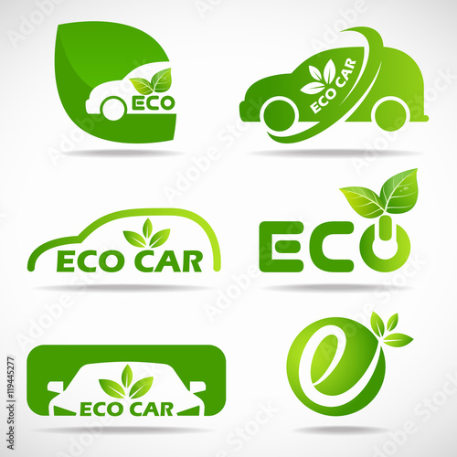 Eco car logo - green leaf and car sign vector set design