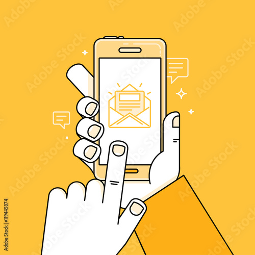 Vector illustration in flat style - hand with mobile phone