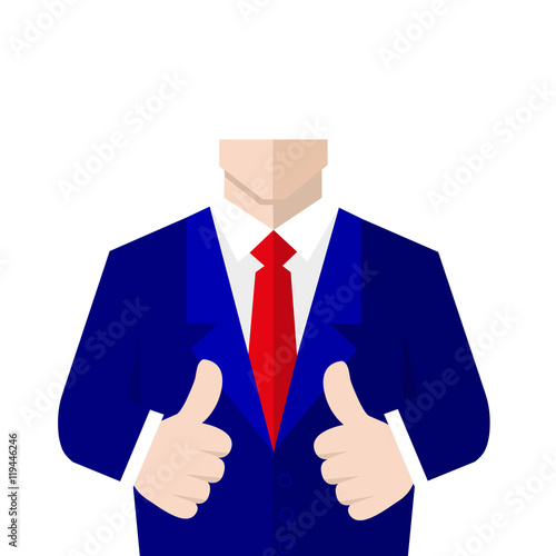 Man in suit shows a sign Thumb Up. Vector, flat, illustration