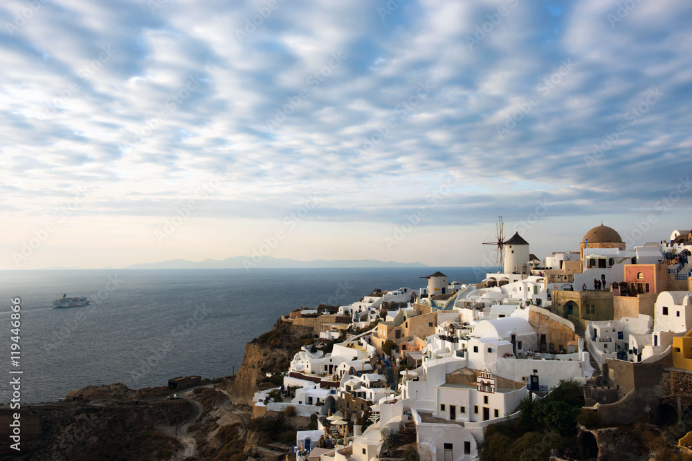 Santorini is one of the Cyclades islands in the Aegean Sea. 