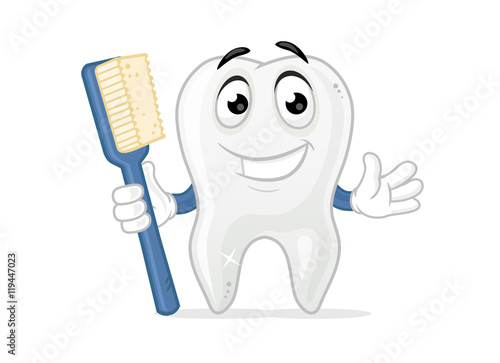 Happy tooth mascot holding toothbrush vector cartoon illustration