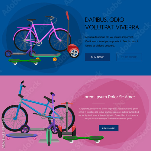 isolated electric scooter with power battery, one and two-wheeled mobility electric vehicle vector illustration, Eco alternative city transport. Flat biking and rolling wheels, kick scooter collection