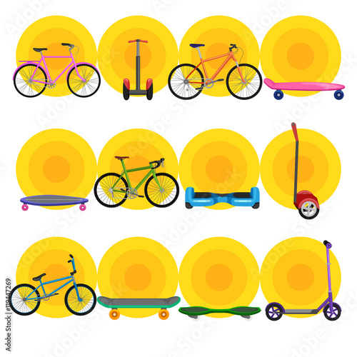 isolated electric scooter with power battery, one and two-wheeled mobility electric vehicle vector illustration, Eco alternative city transport. Flat biking and rolling wheels, kick scooter collection