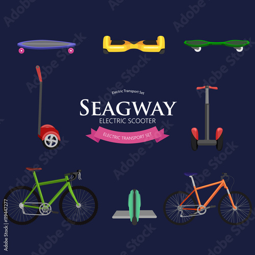 isolated electric scooter with power battery, one and two-wheeled mobility electric vehicle vector illustration, Eco alternative city transport. Flat biking and rolling wheels, kick scooter collection