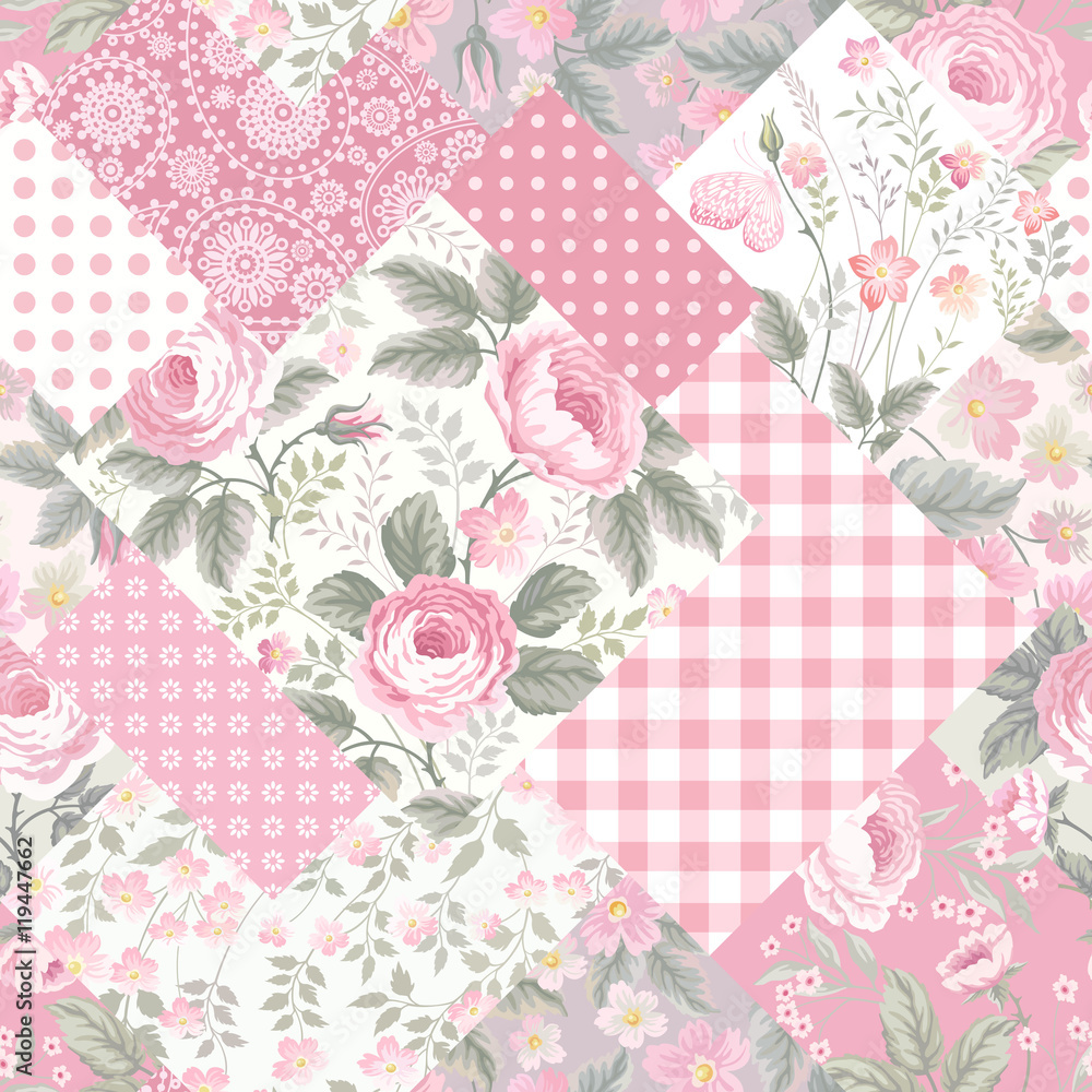decorative patchwork floral pattern with roses in pastel colors