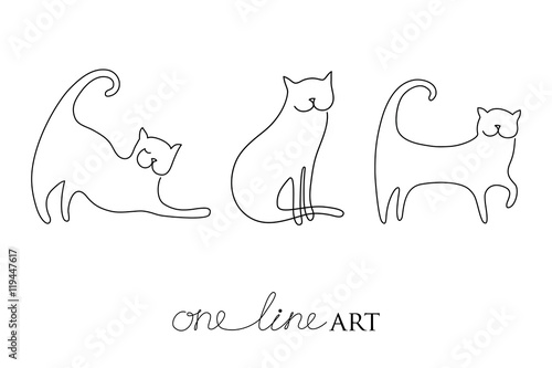 Vector set with cat silhouette in black isolated on white background. Cats in minimalism or one line art style. Primitive art for stylized tattoo and simple decor.
