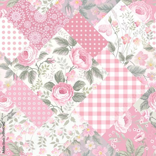 decorative patchwork floral pattern with roses in pastel colors