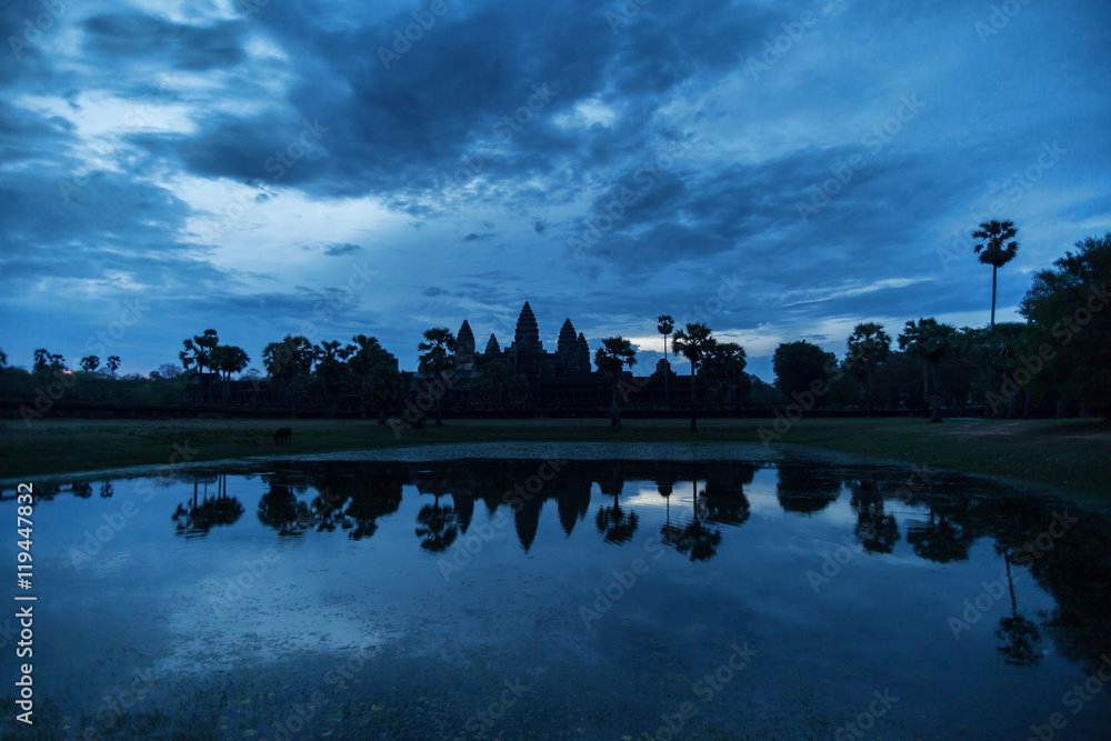 Beautiful blue sunrise at Angkor Wat temple
