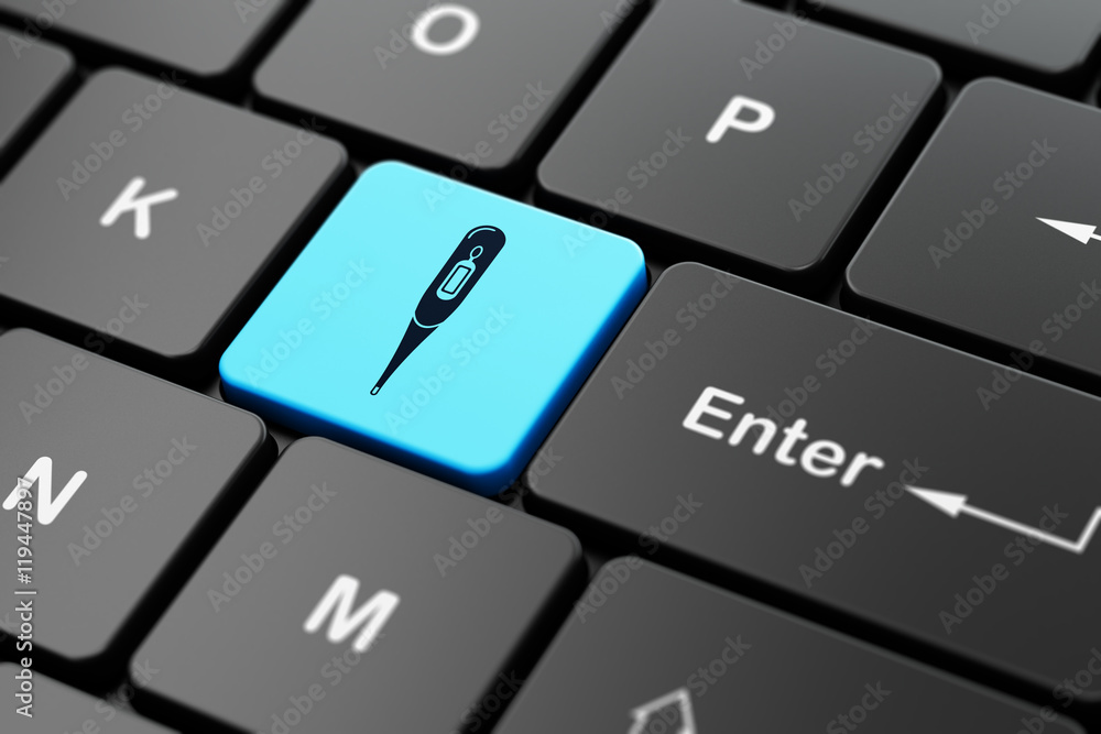 Medicine concept: Thermometer on computer keyboard background Medicine concept: Thermometer on computer keyboard background