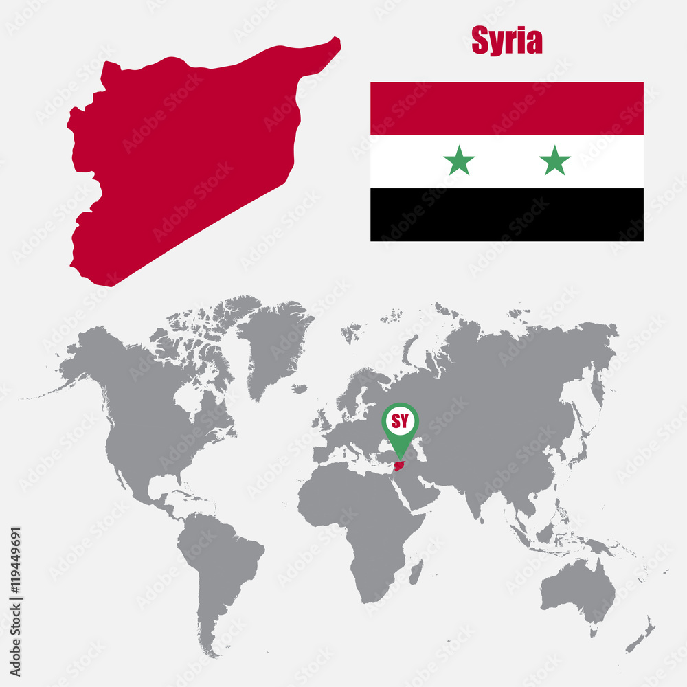 Syria map on a world map with flag and map pointer. Vector illustration