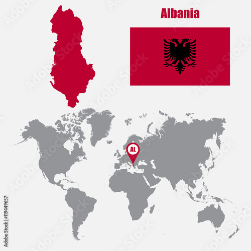 Albania map on a world map with flag and map pointer. Vector illustration