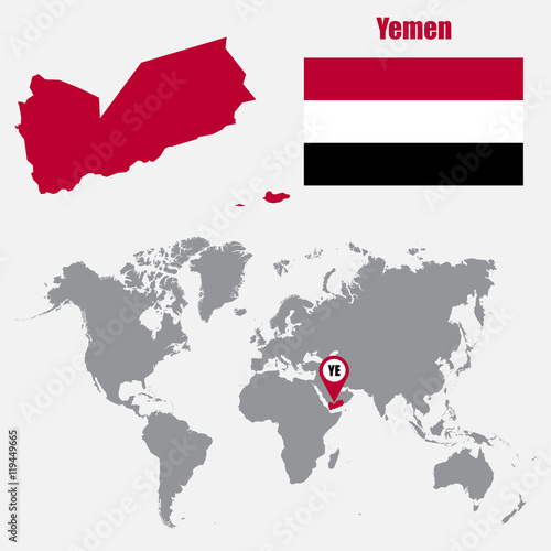 Yemen map on a world map with flag and map pointer. Vector illustration