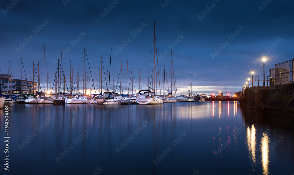 Early morning lights on the River Tawe and Swansea Marina