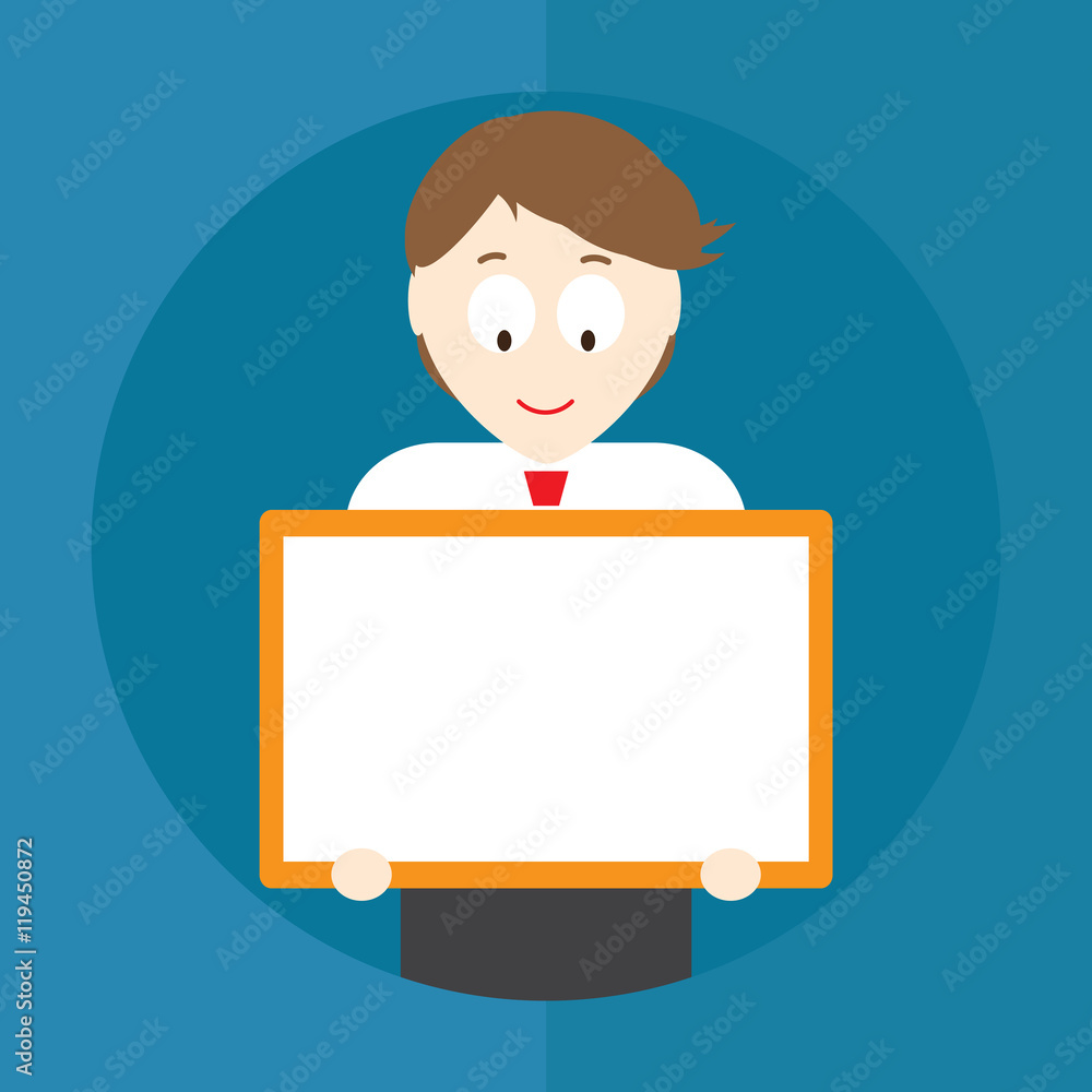 Happy businessman or teacher or coach with blank board in hands. Vector