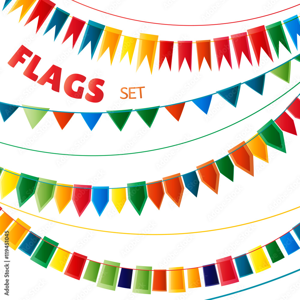 Obraz premium Rainbow bright colors holiday garlands flags set on white background, vector
