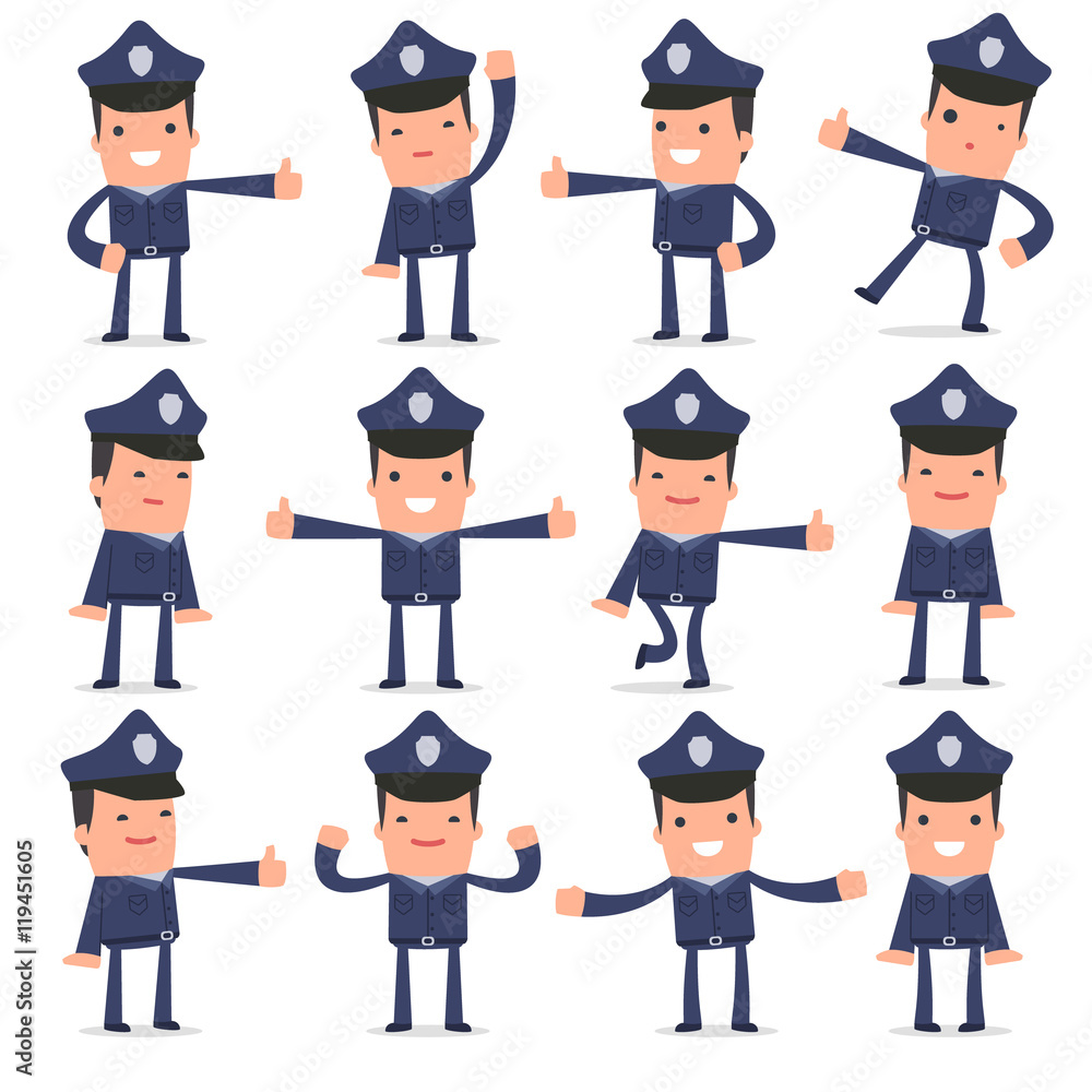 Set of Funny and Cheerful Character Officer showing thumb up as