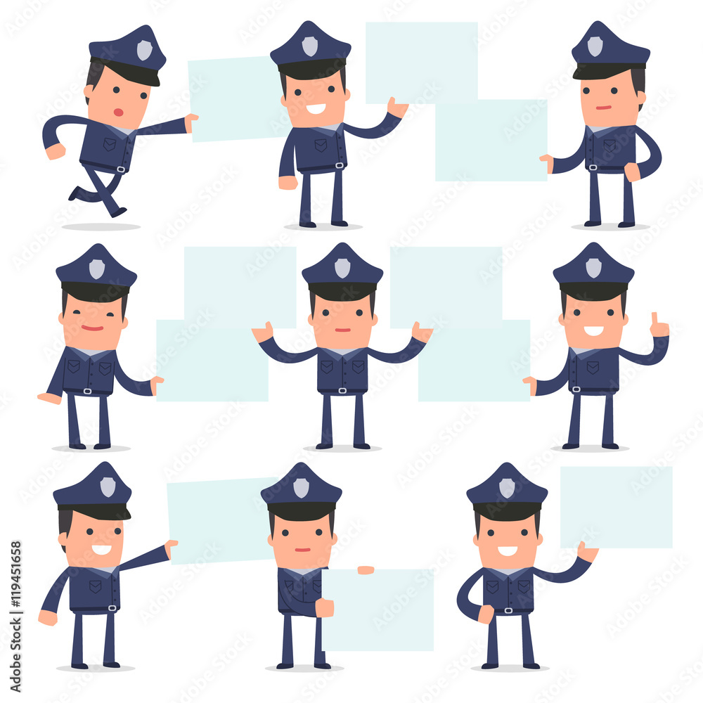 Set of Funny and Cheerful Character Officer holds and interacts