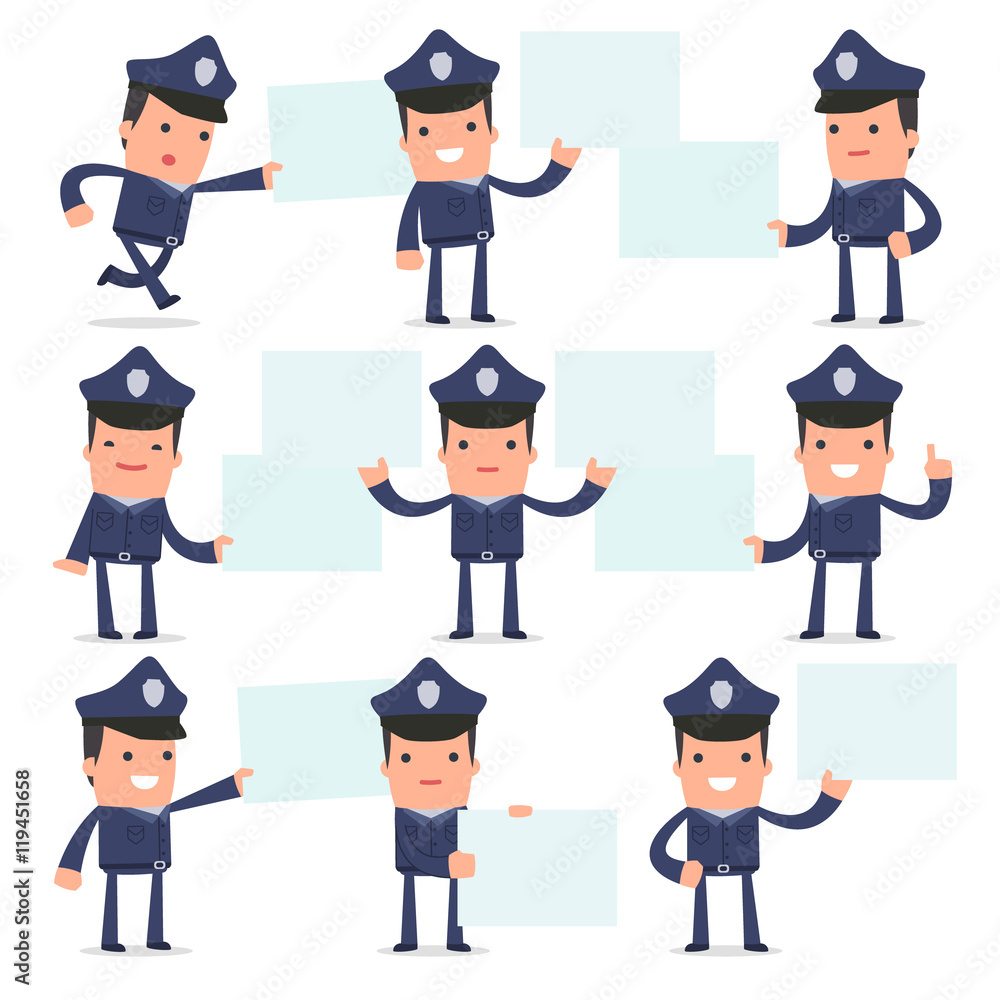 Set of Funny and Cheerful Character Officer holds and interacts Set of Funny and Cheerful Character Officer holds and interacts