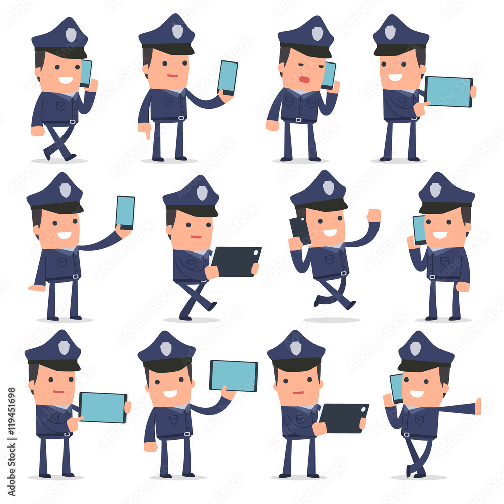 Set of Smart and Funny Character Officer holding mobile phone