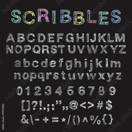 Chalk hand drawn lowcase and uppercase alphabet, numbers, signs