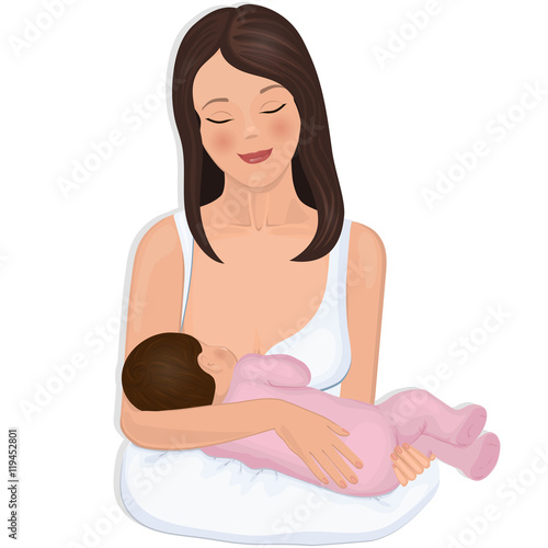 Young mother with a nursing infant. Vector illustration.