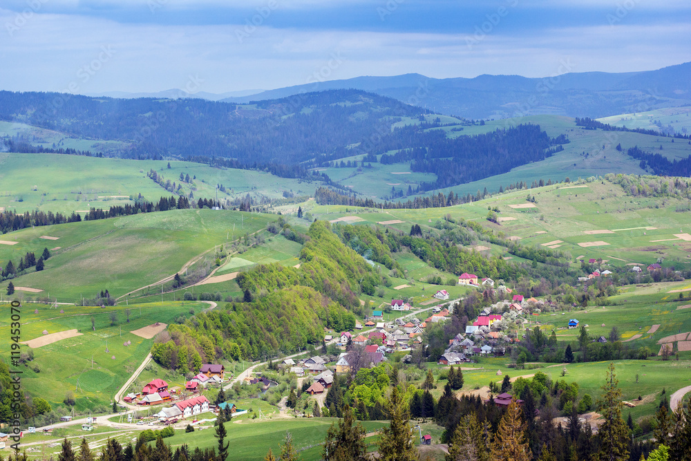 landscape of a Carpathians mountains with infrastructure