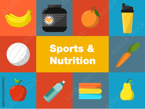 Sports and nutrition vector illustration icons set. Protein shaker, nutrition container, ball, fruit, sports bottle, towels on color background. Athletic equipment. Fitness supplements.